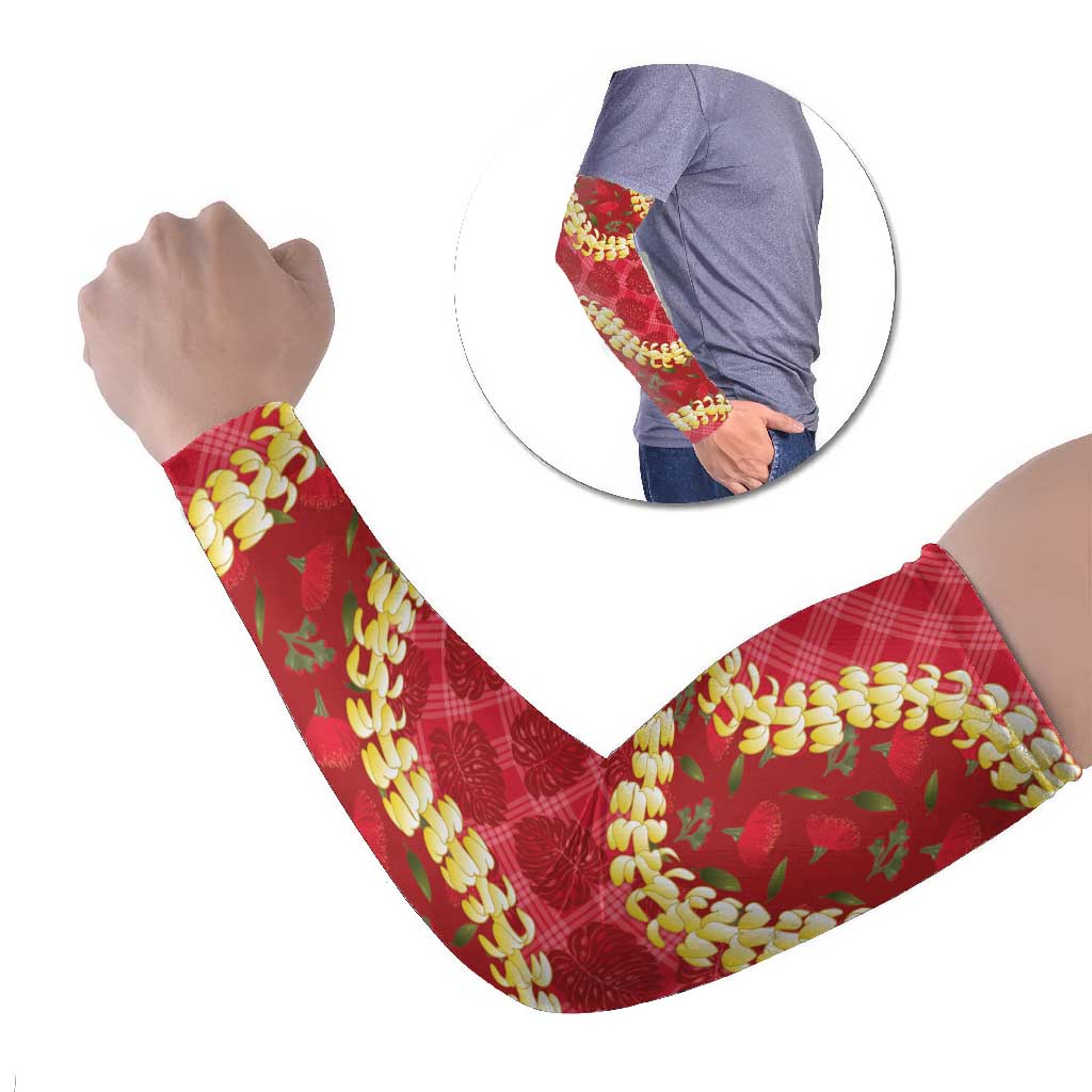 Red Palaka Hawaii Mele Kalikimaka Arm Sleeves Ohia Lehua Monstera Puakenikeni Lei LT14 Set of 2 Red - Polynesian Pride