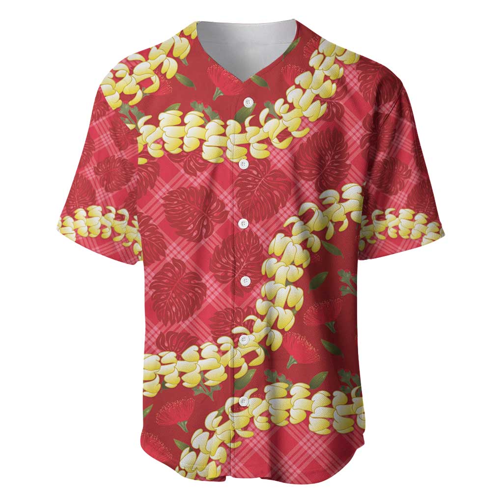 Red Palaka Hawaii Mele Kalikimaka Baseball Jersey Ohia Lehua Monstera Puakenikeni Lei LT14 Red - Polynesian Pride