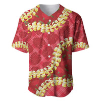 Red Palaka Hawaii Mele Kalikimaka Baseball Jersey Ohia Lehua Monstera Puakenikeni Lei LT14 Red - Polynesian Pride