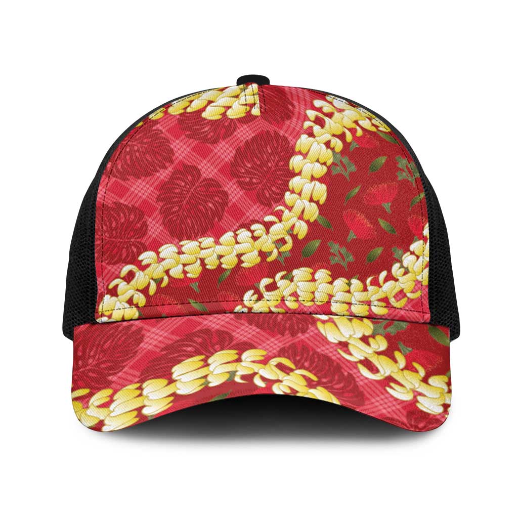 Red Palaka Hawaii Mele Kalikimaka Baseball Net Cap Ohia Lehua Monstera Puakenikeni Lei - Polynesian Pride
