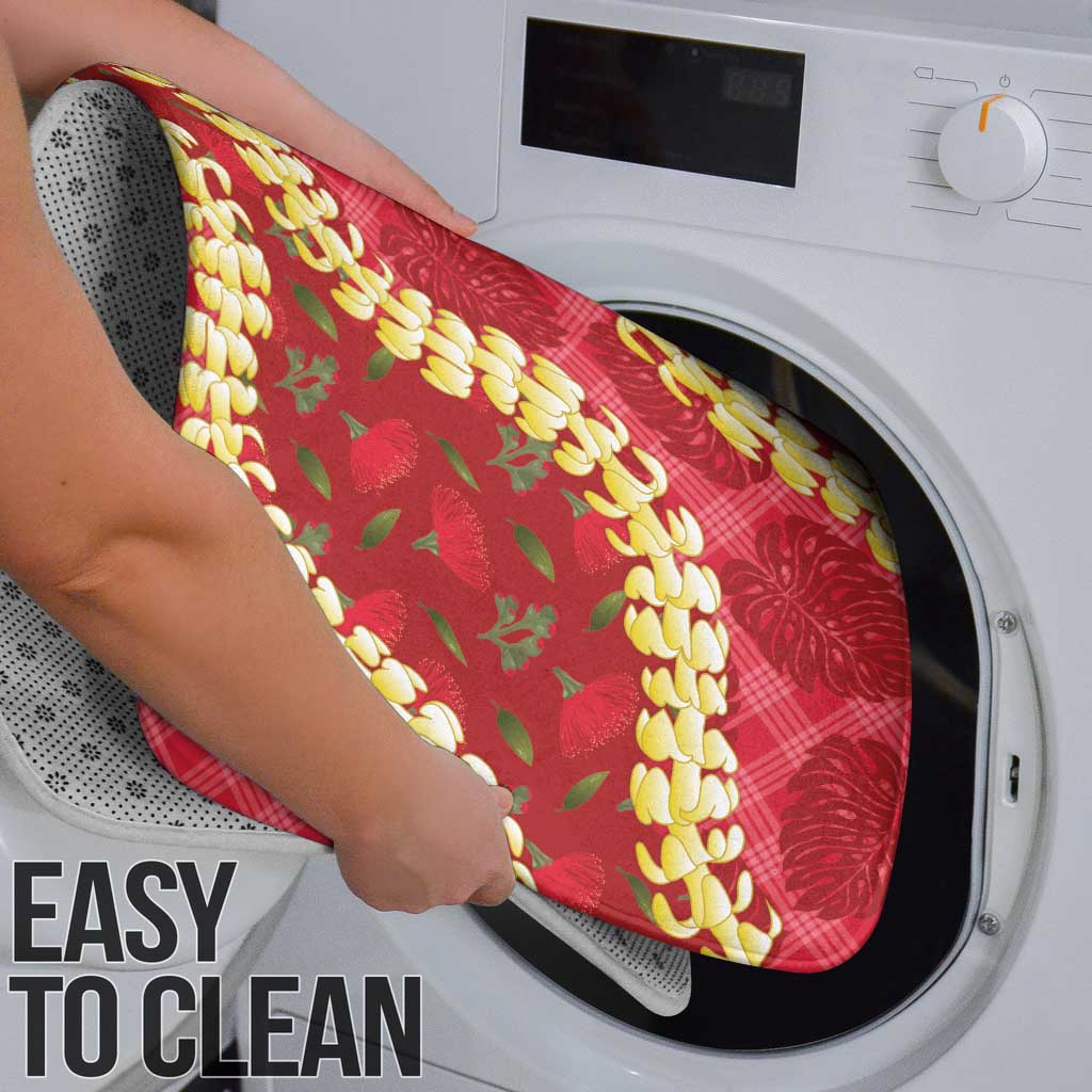 Red Palaka Hawaii Mele Kalikimaka Bathroom Set Ohia Lehua Monstera Puakenikeni Lei - Polynesian Pride