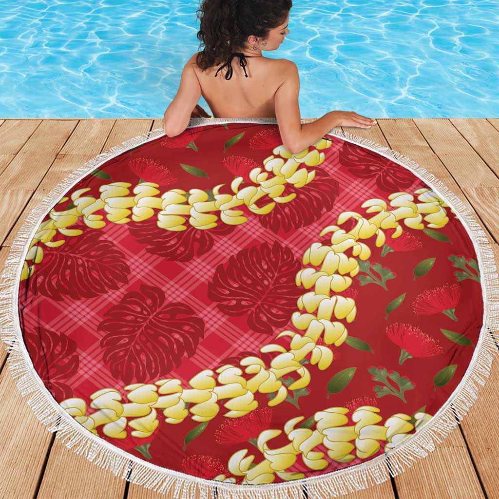 Red Palaka Hawaii Mele Kalikimaka Beach Blanket Ohia Lehua Monstera Puakenikeni Lei LT14 - Polynesian Pride