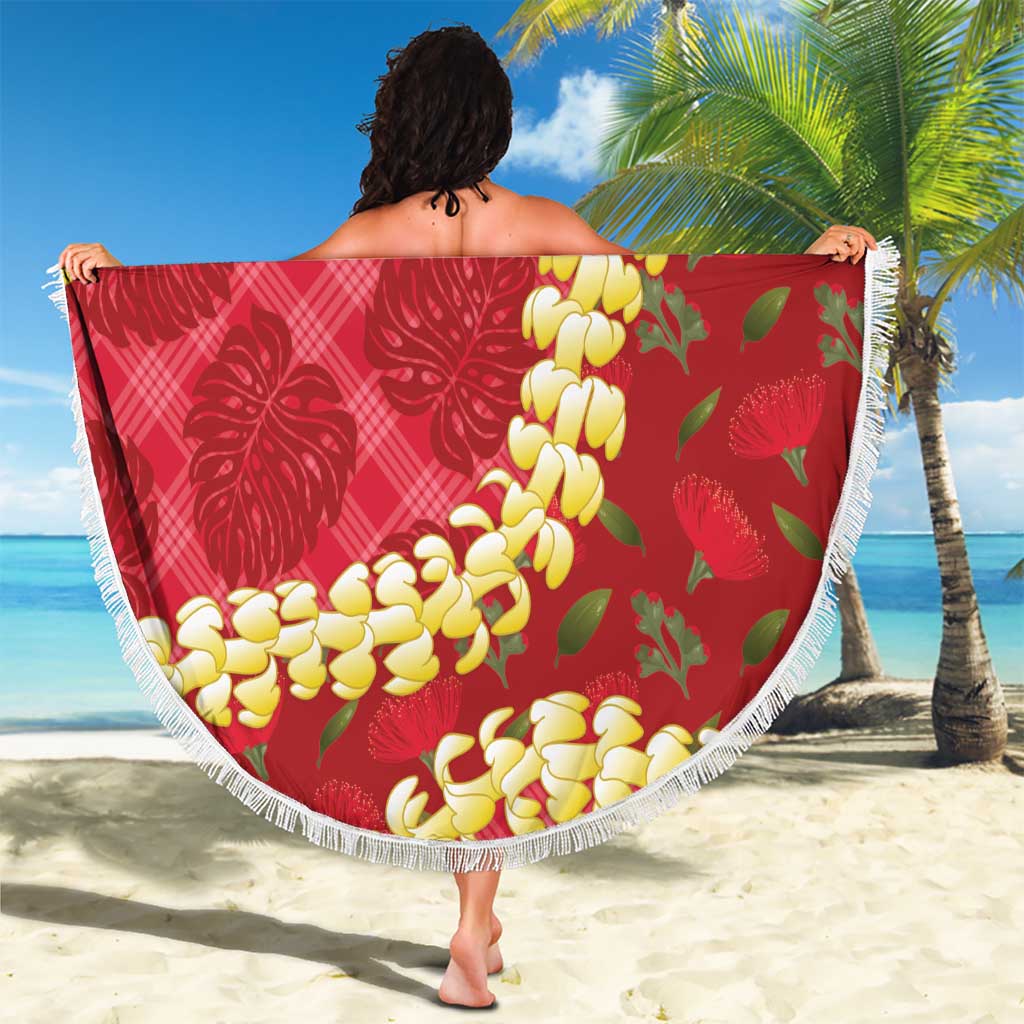 Red Palaka Hawaii Mele Kalikimaka Beach Blanket Ohia Lehua Monstera Puakenikeni Lei LT14 - Polynesian Pride