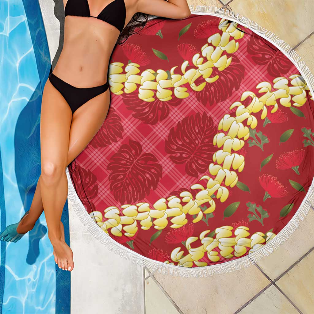 Red Palaka Hawaii Mele Kalikimaka Beach Blanket Ohia Lehua Monstera Puakenikeni Lei LT14 - Polynesian Pride