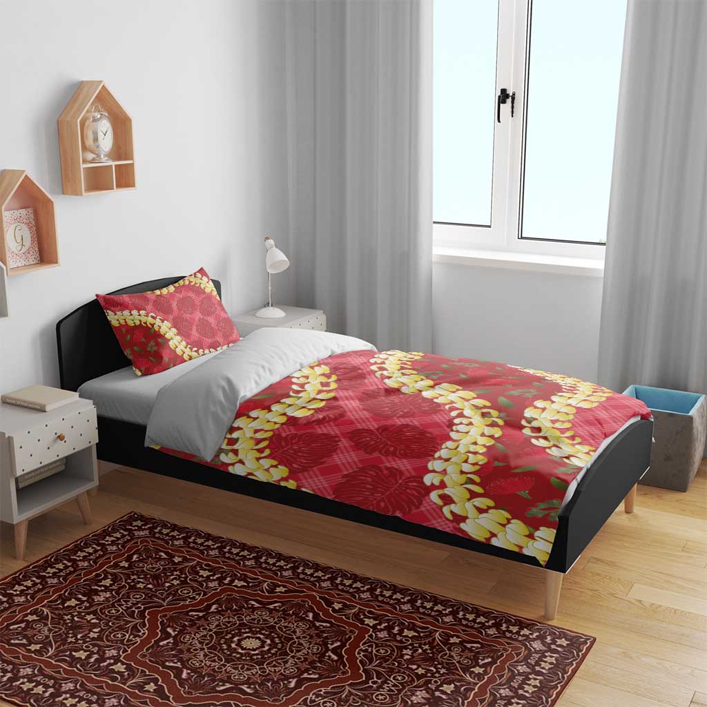 Red Palaka Hawaii Mele Kalikimaka Bedding Set Ohia Lehua Monstera Puakenikeni Lei - Polynesian Pride