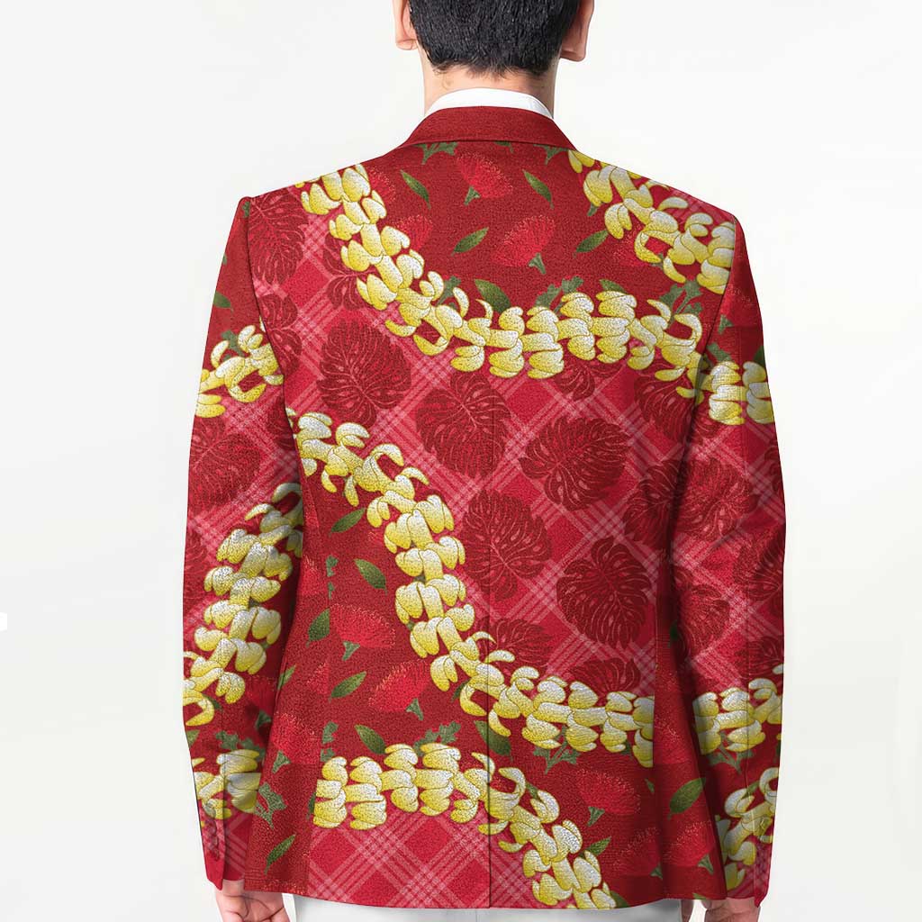 Red Palaka Hawaii Mele Kalikimaka Blazer Ohia Lehua Monstera Puakenikeni Lei - Polynesian Pride