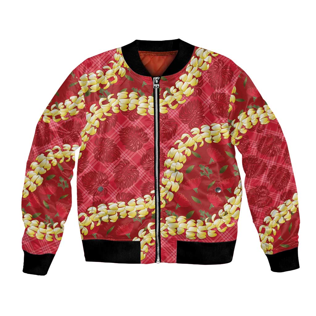 Red Palaka Hawaii Mele Kalikimaka Bomber Jacket Ohia Lehua Monstera Puakenikeni Lei LT14 Unisex Red - Polynesian Pride