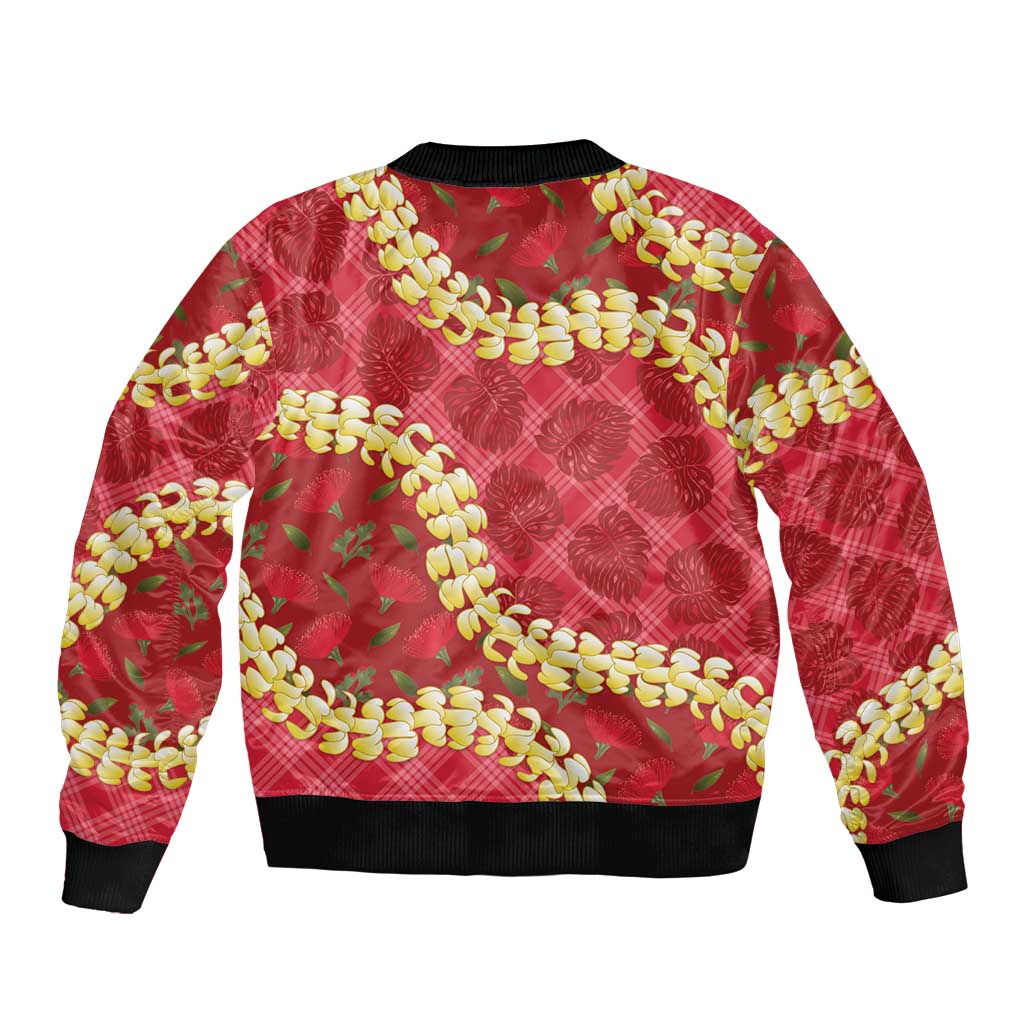 Red Palaka Hawaii Mele Kalikimaka Bomber Jacket Ohia Lehua Monstera Puakenikeni Lei LT14 - Polynesian Pride