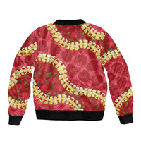 Red Palaka Hawaii Mele Kalikimaka Bomber Jacket Ohia Lehua Monstera Puakenikeni Lei LT14 - Polynesian Pride