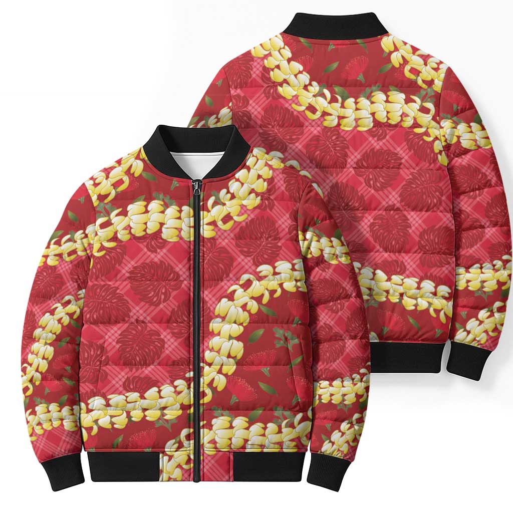 Red Palaka Hawaii Mele Kalikimaka Bomber Puffer Jacket Ohia Lehua Monstera Puakenikeni Lei LT14 - Polynesian Pride