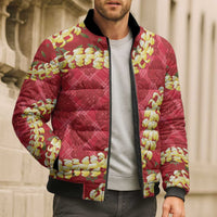 Red Palaka Hawaii Mele Kalikimaka Bomber Puffer Jacket Ohia Lehua Monstera Puakenikeni Lei LT14 - Polynesian Pride