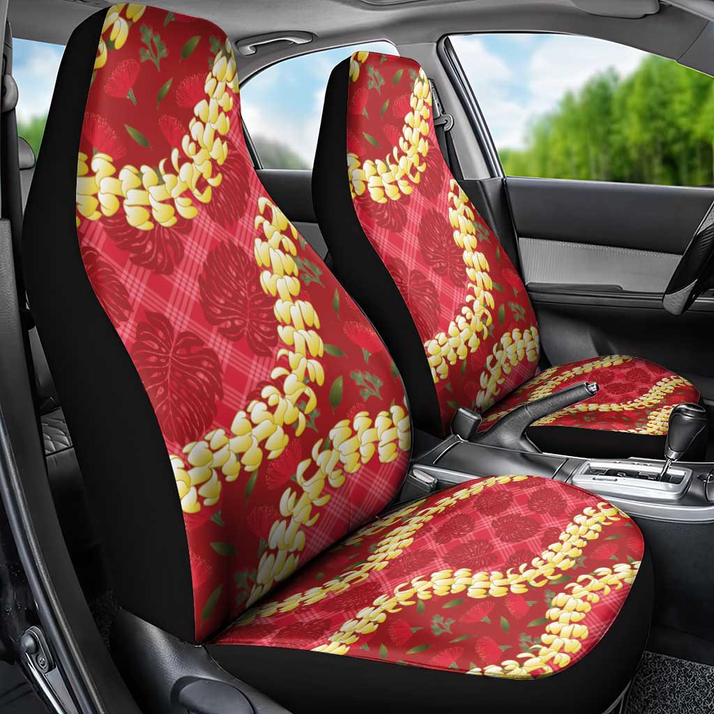 Red Palaka Hawaii Mele Kalikimaka Car Seat Cover Ohia Lehua Monstera Puakenikeni Lei - Polynesian Pride