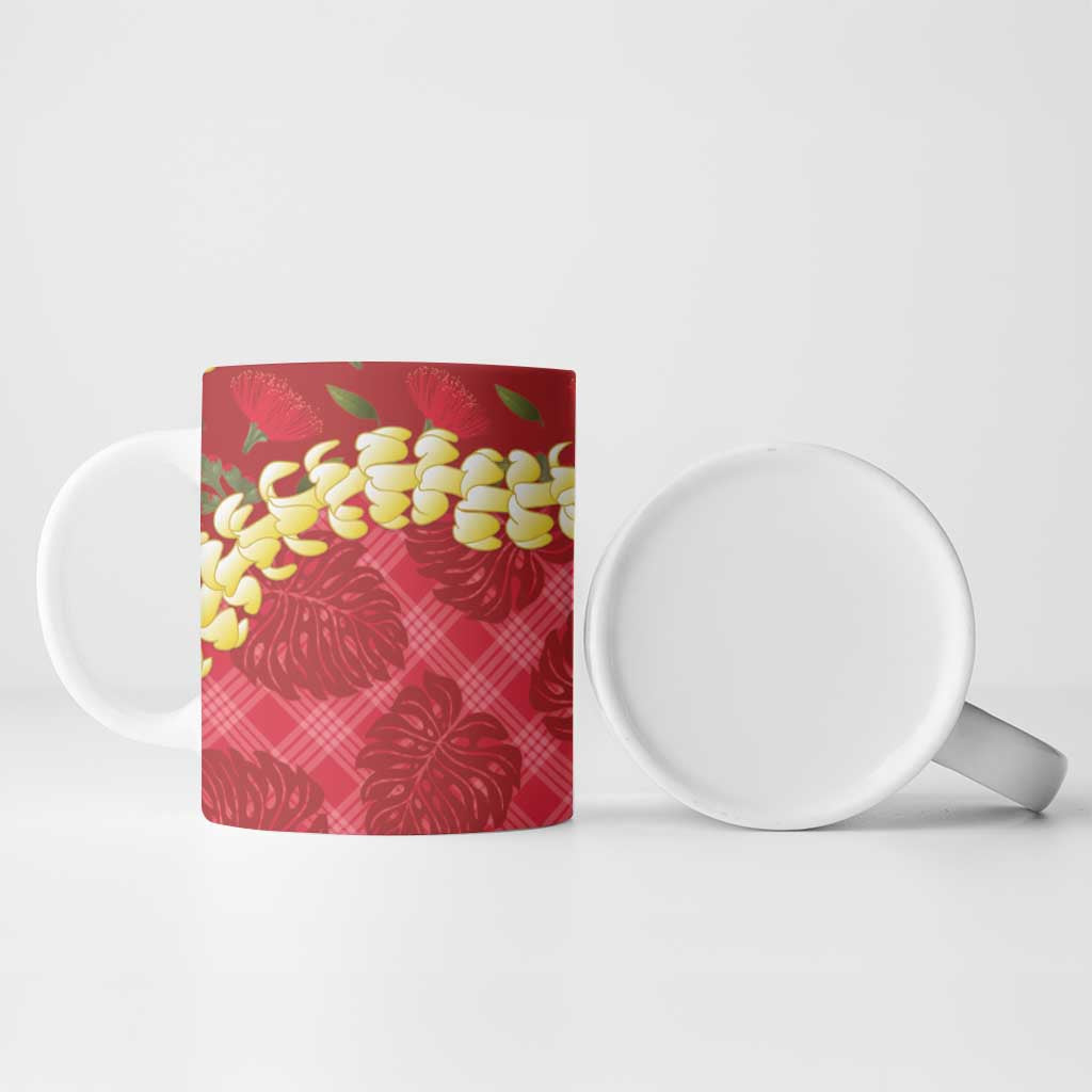 Red Palaka Hawaii Mele Kalikimaka Ceramic Mug Ohia Lehua Monstera Puakenikeni Lei - Polynesian Pride