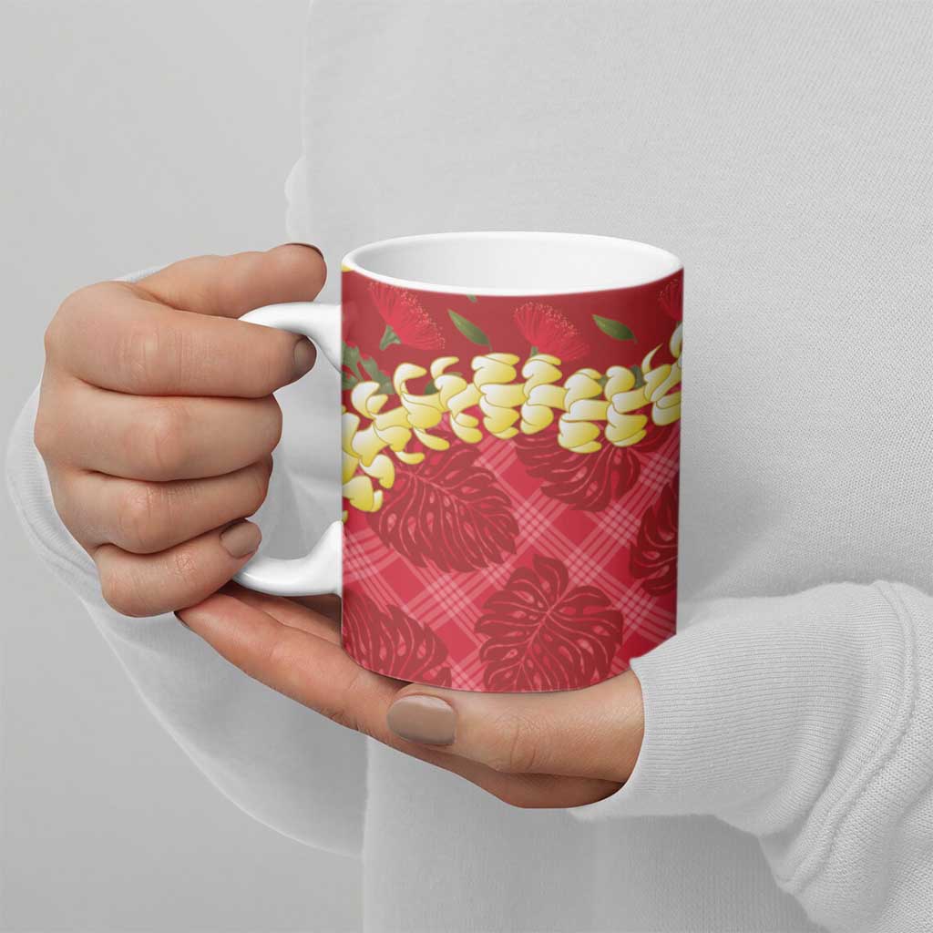 Red Palaka Hawaii Mele Kalikimaka Ceramic Mug Ohia Lehua Monstera Puakenikeni Lei - Polynesian Pride