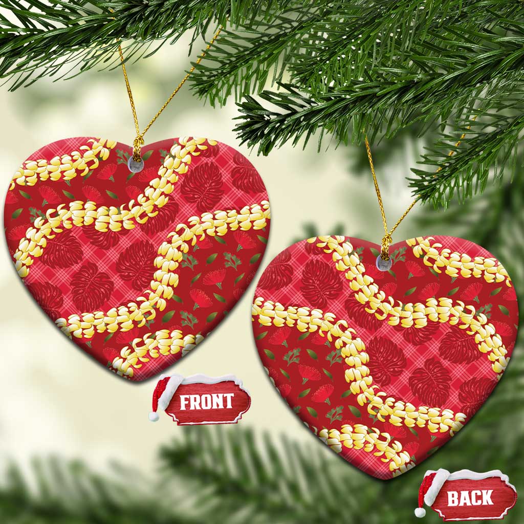 Red Palaka Hawaii Mele Kalikimaka Ceramic Ornament Ohia Lehua Monstera Puakenikeni Lei - Polynesian Pride