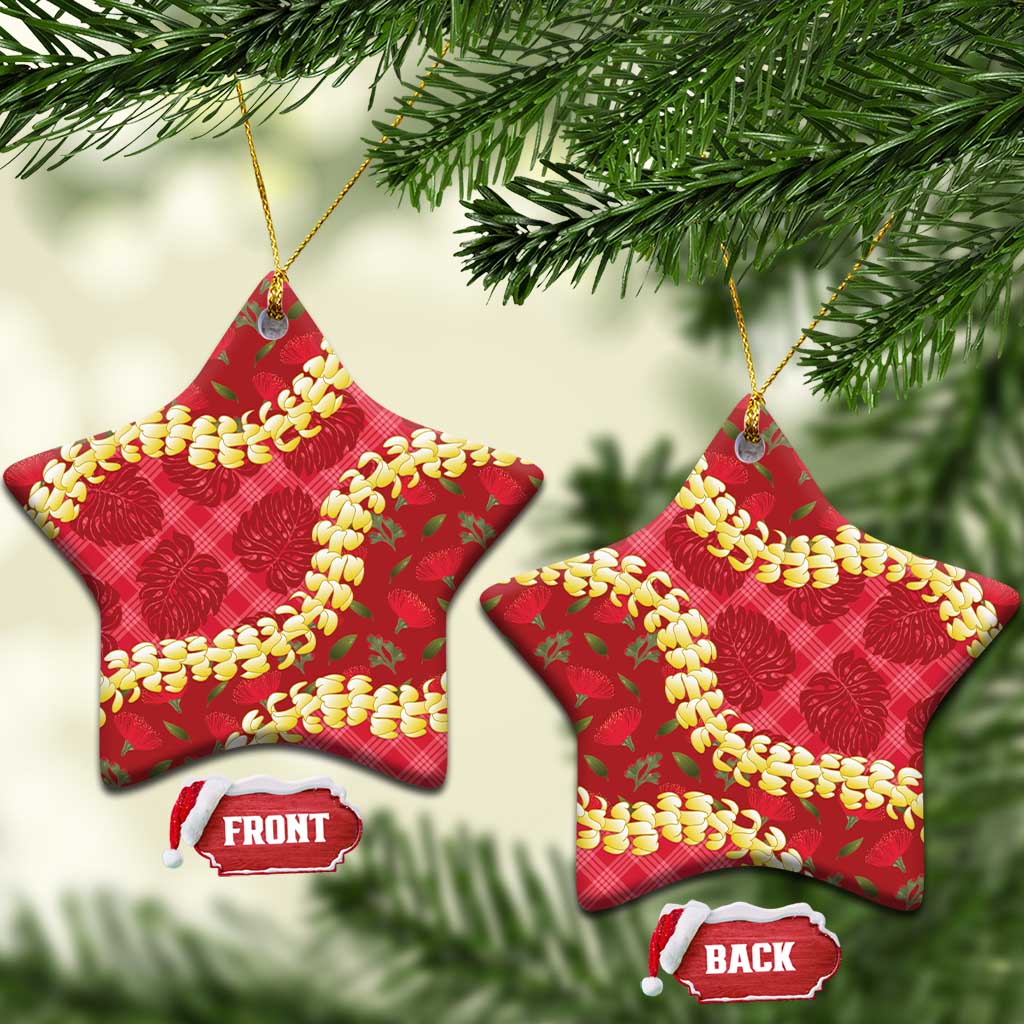 Red Palaka Hawaii Mele Kalikimaka Ceramic Ornament Ohia Lehua Monstera Puakenikeni Lei - Polynesian Pride