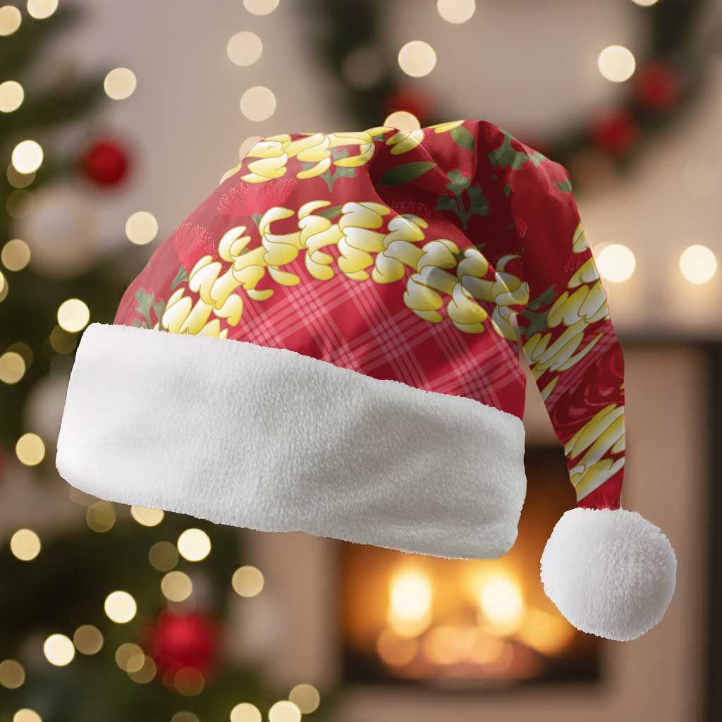 Red Palaka Hawaii Mele Kalikimaka Christmas Santa Hat Ohia Lehua Monstera Puakenikeni Lei - Polynesian Pride
