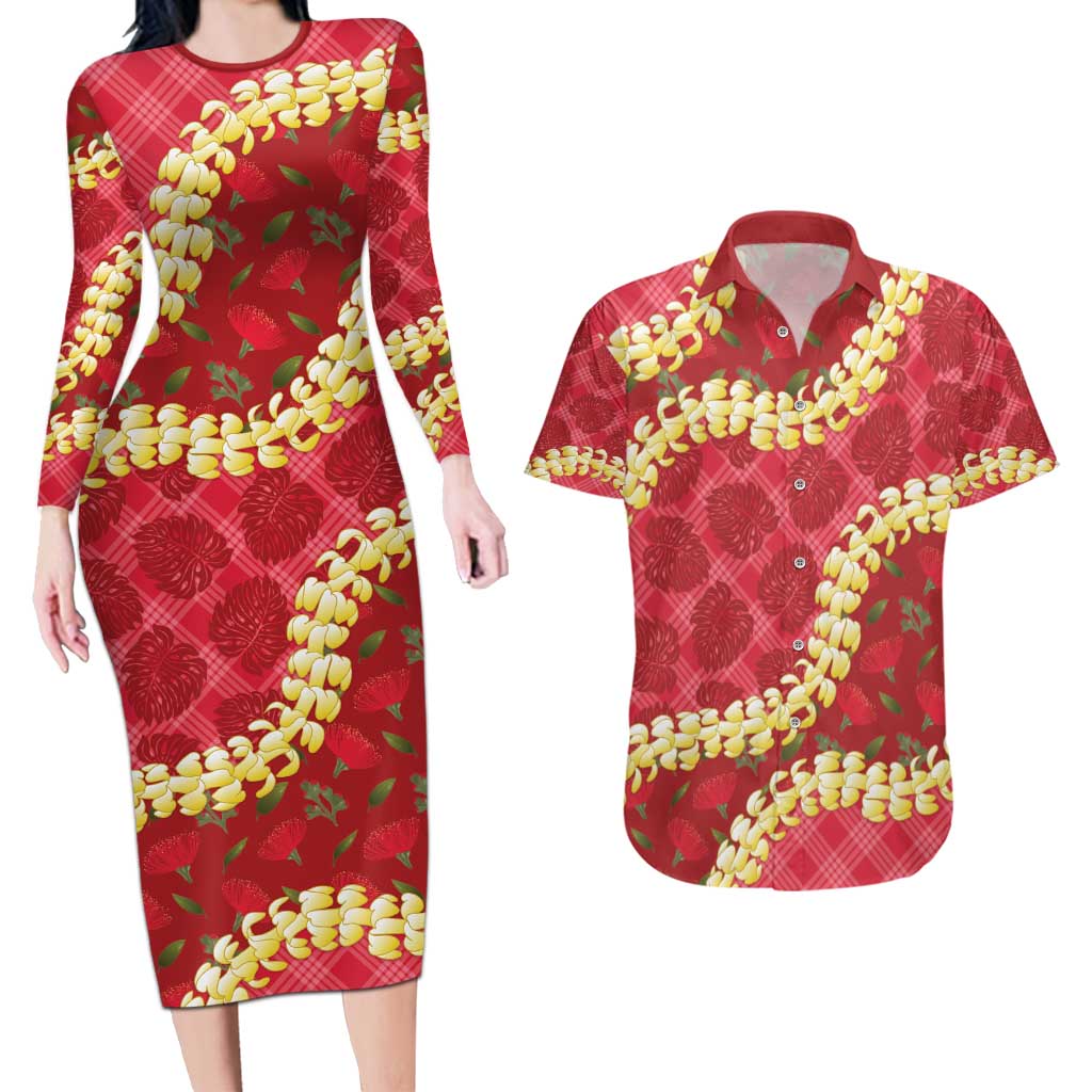 Red Palaka Hawaii Mele Kalikimaka Couples Matching Long Sleeve Bodycon Dress and Hawaiian Shirt Ohia Lehua Monstera Puakenikeni Lei - Polynesian Pride