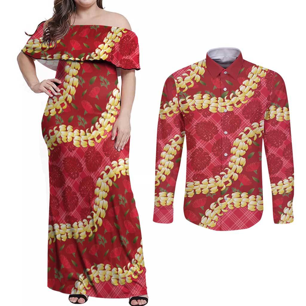 Red Palaka Hawaii Mele Kalikimaka Couples Matching Off Shoulder Maxi Dress and Long Sleeve Button Shirt Ohia Lehua Monstera Puakenikeni Lei - Polynesian Pride