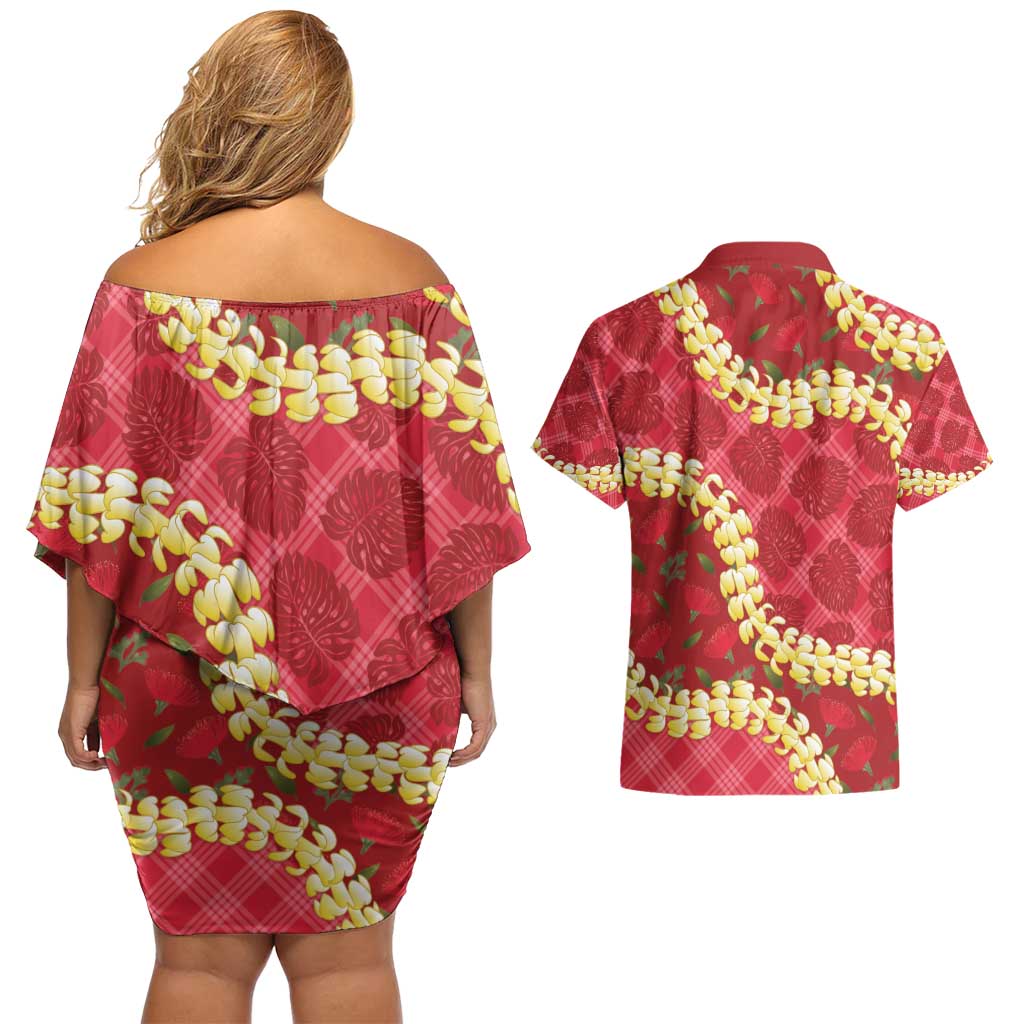 Red Palaka Hawaii Mele Kalikimaka Couples Matching Off Shoulder Short Dress and Hawaiian Shirt Ohia Lehua Monstera Puakenikeni Lei - Polynesian Pride