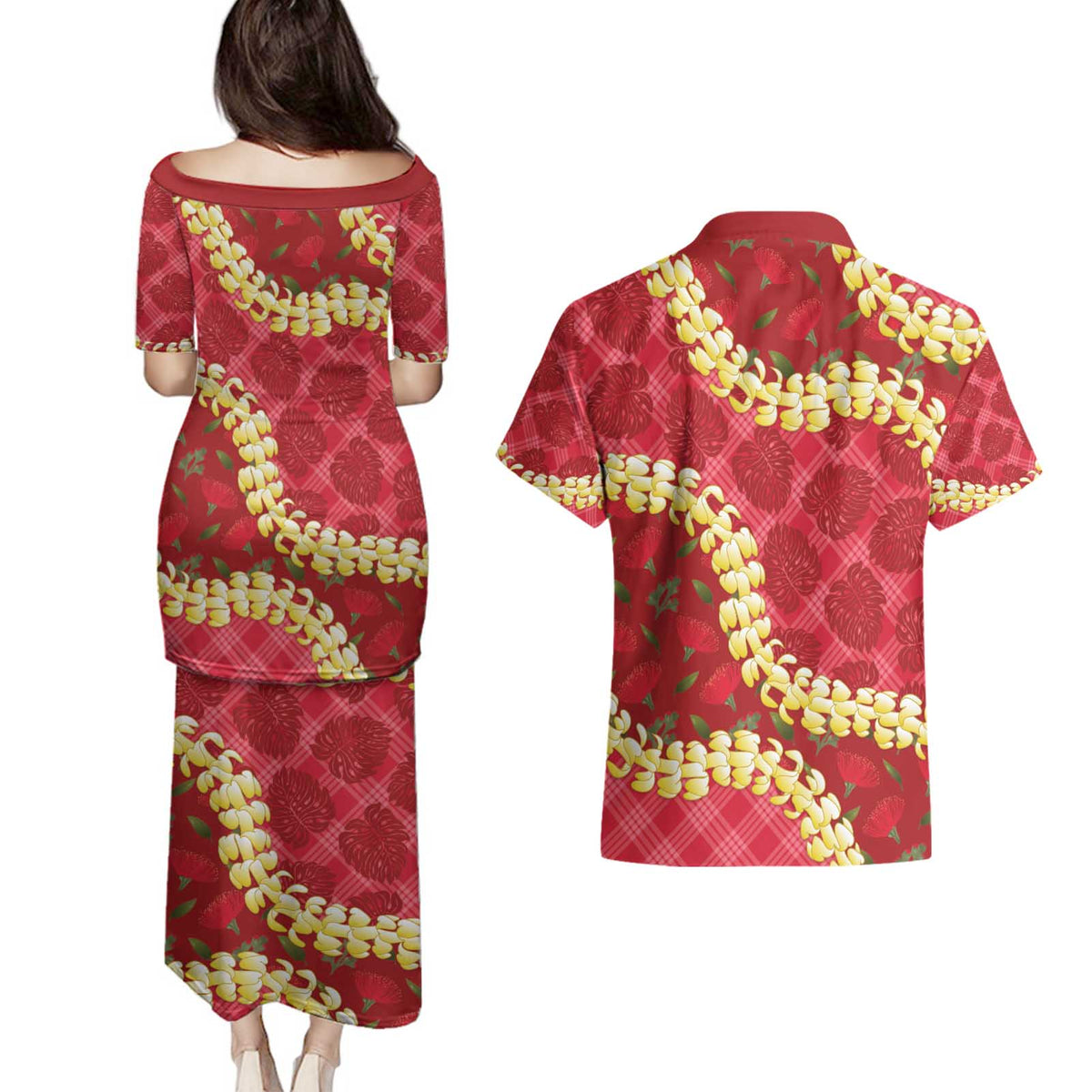 Red Palaka Hawaii Mele Kalikimaka Couples Matching Puletasi and Hawaiian Shirt Ohia Lehua Monstera Puakenikeni Lei LT14 - Polynesian Pride