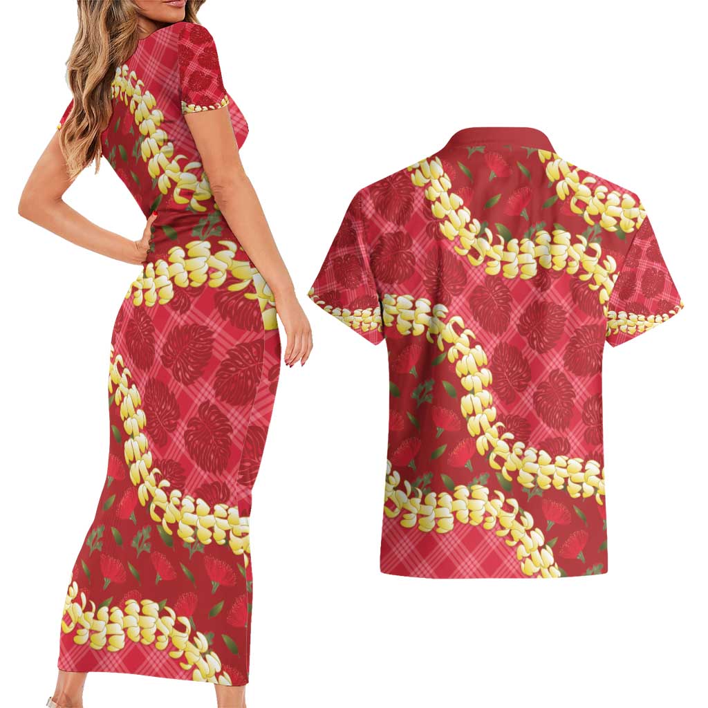 Red Palaka Hawaii Mele Kalikimaka Couples Matching Short Sleeve Bodycon Dress and Hawaiian Shirt Ohia Lehua Monstera Puakenikeni Lei - Polynesian Pride