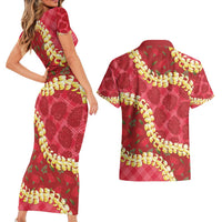 Red Palaka Hawaii Mele Kalikimaka Couples Matching Short Sleeve Bodycon Dress and Hawaiian Shirt Ohia Lehua Monstera Puakenikeni Lei - Polynesian Pride
