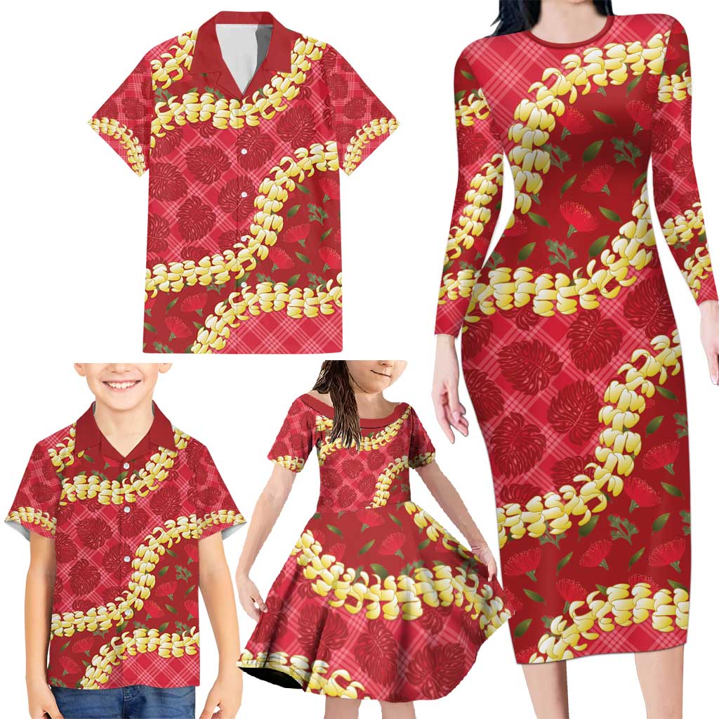 Red Palaka Hawaii Mele Kalikimaka Family Matching Long Sleeve Bodycon Dress and Hawaiian Shirt Ohia Lehua Monstera Puakenikeni Lei - Polynesian Pride