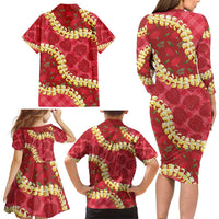 Red Palaka Hawaii Mele Kalikimaka Family Matching Long Sleeve Bodycon Dress and Hawaiian Shirt Ohia Lehua Monstera Puakenikeni Lei LT14 - Polynesian Pride