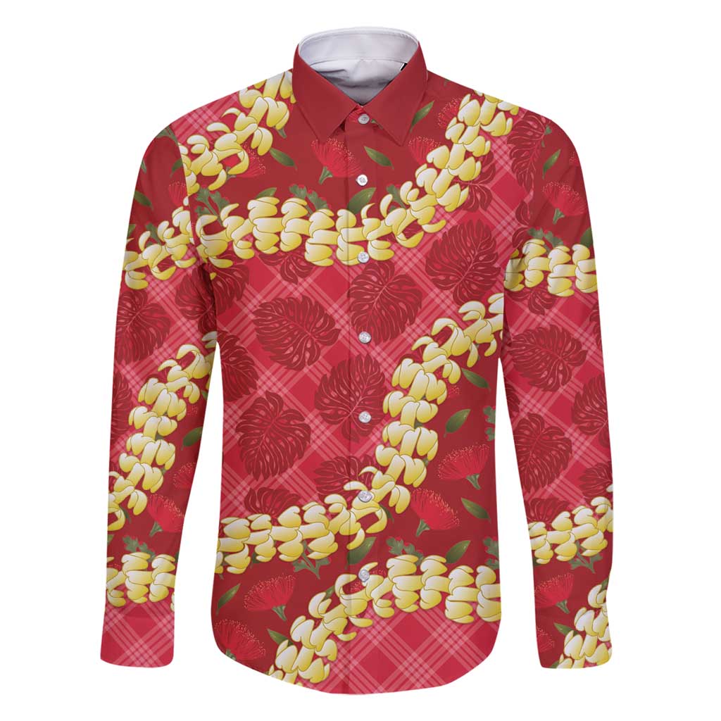 Red Palaka Hawaii Mele Kalikimaka Family Matching Long Sleeve Bodycon Dress and Hawaiian Shirt Ohia Lehua Monstera Puakenikeni Lei LT14 Dad's Shirt - Long Sleeve Red - Polynesian Pride