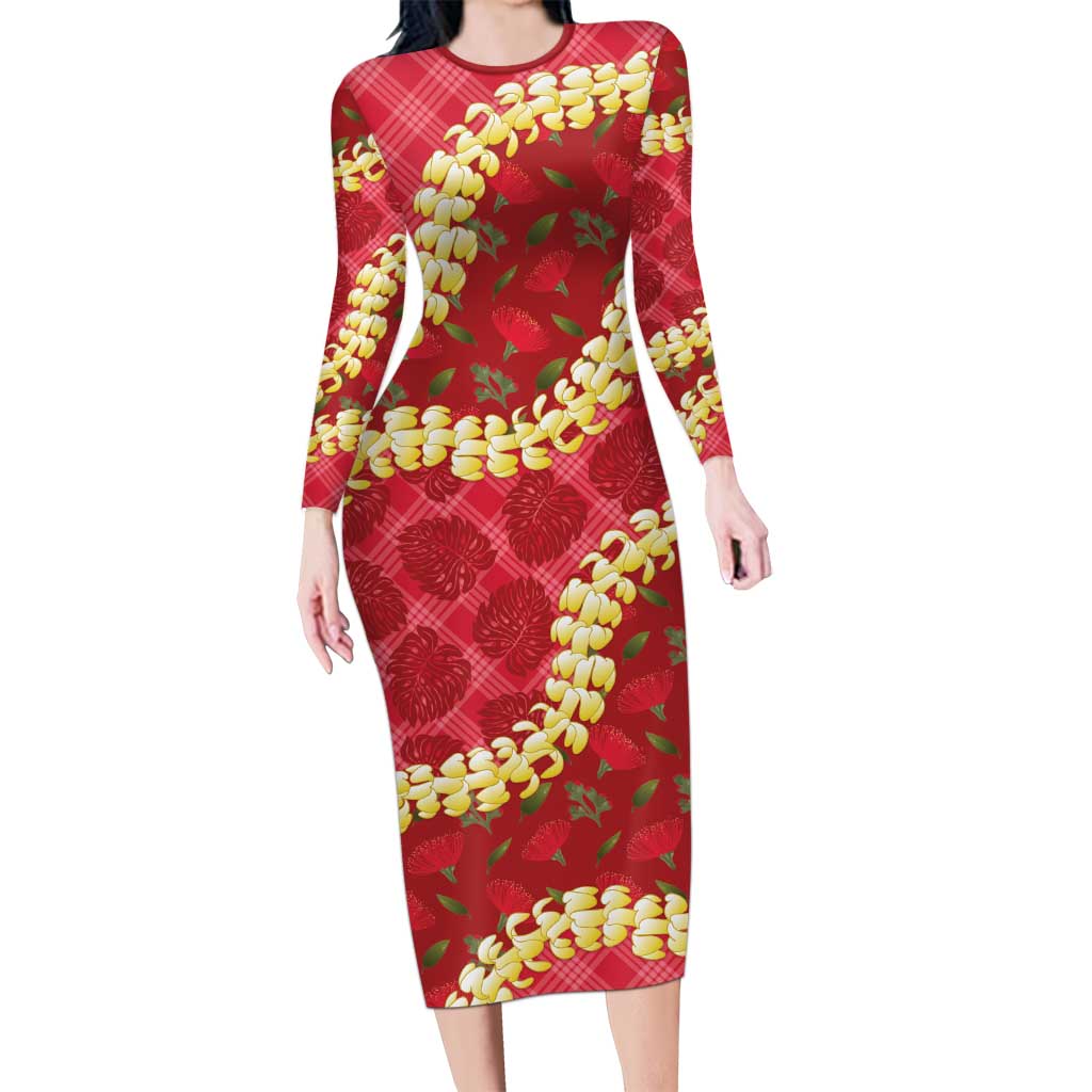 Red Palaka Hawaii Mele Kalikimaka Family Matching Long Sleeve Bodycon Dress and Hawaiian Shirt Ohia Lehua Monstera Puakenikeni Lei LT14 Mom's Dress Red - Polynesian Pride