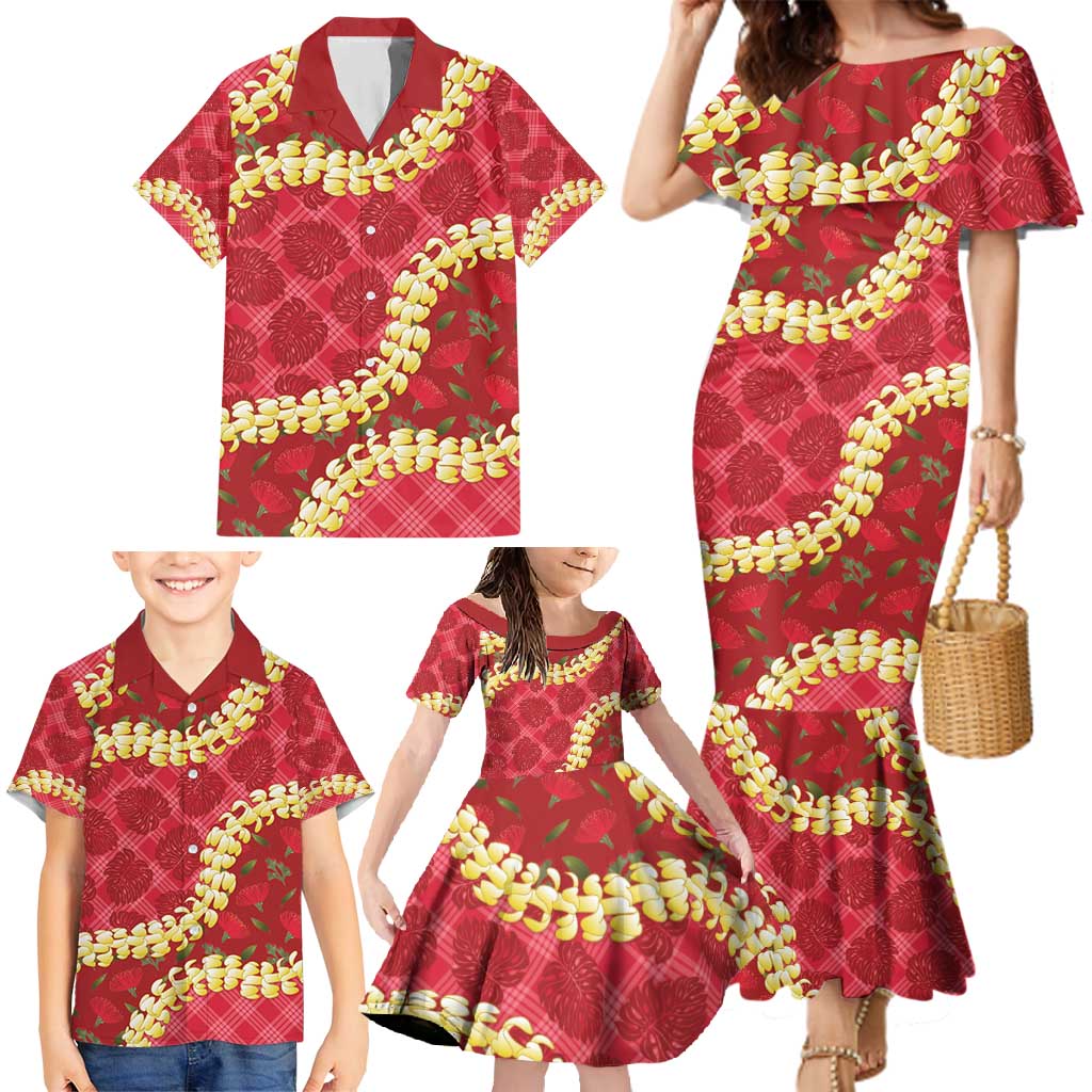 Red Palaka Hawaii Mele Kalikimaka Family Matching Mermaid Dress and Hawaiian Shirt Ohia Lehua Monstera Puakenikeni Lei - Polynesian Pride