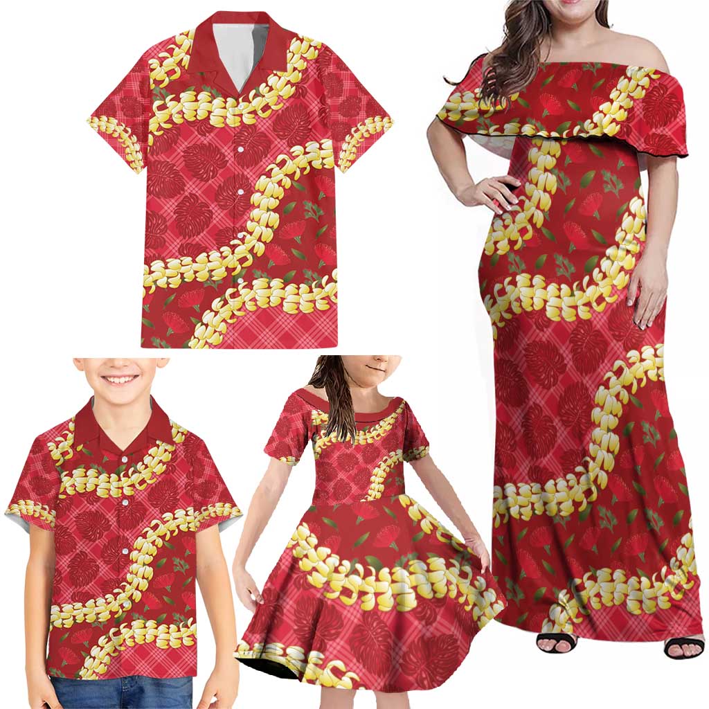 Red Palaka Hawaii Mele Kalikimaka Family Matching Off Shoulder Maxi Dress and Hawaiian Shirt Ohia Lehua Monstera Puakenikeni Lei - Polynesian Pride