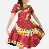 Red Palaka Hawaii Mele Kalikimaka Family Matching Puletasi and Hawaiian Shirt Ohia Lehua Monstera Puakenikeni Lei LT14 Daughter's Dress Red - Polynesian Pride