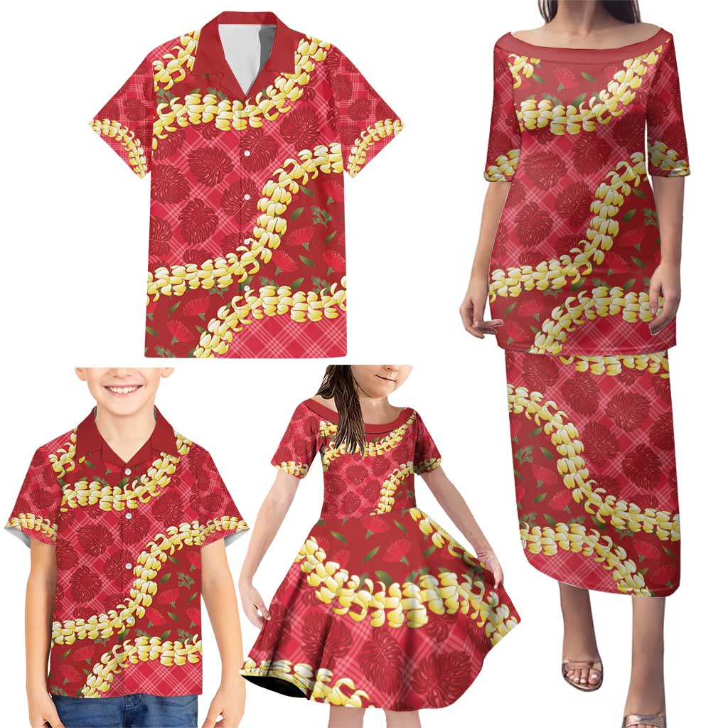 Red Palaka Hawaii Mele Kalikimaka Family Matching Puletasi and Hawaiian Shirt Ohia Lehua Monstera Puakenikeni Lei LT14 - Polynesian Pride
