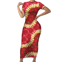 Red Palaka Hawaii Mele Kalikimaka Family Matching Short Sleeve Bodycon Dress and Hawaiian Shirt Ohia Lehua Monstera Puakenikeni Lei - Polynesian Pride