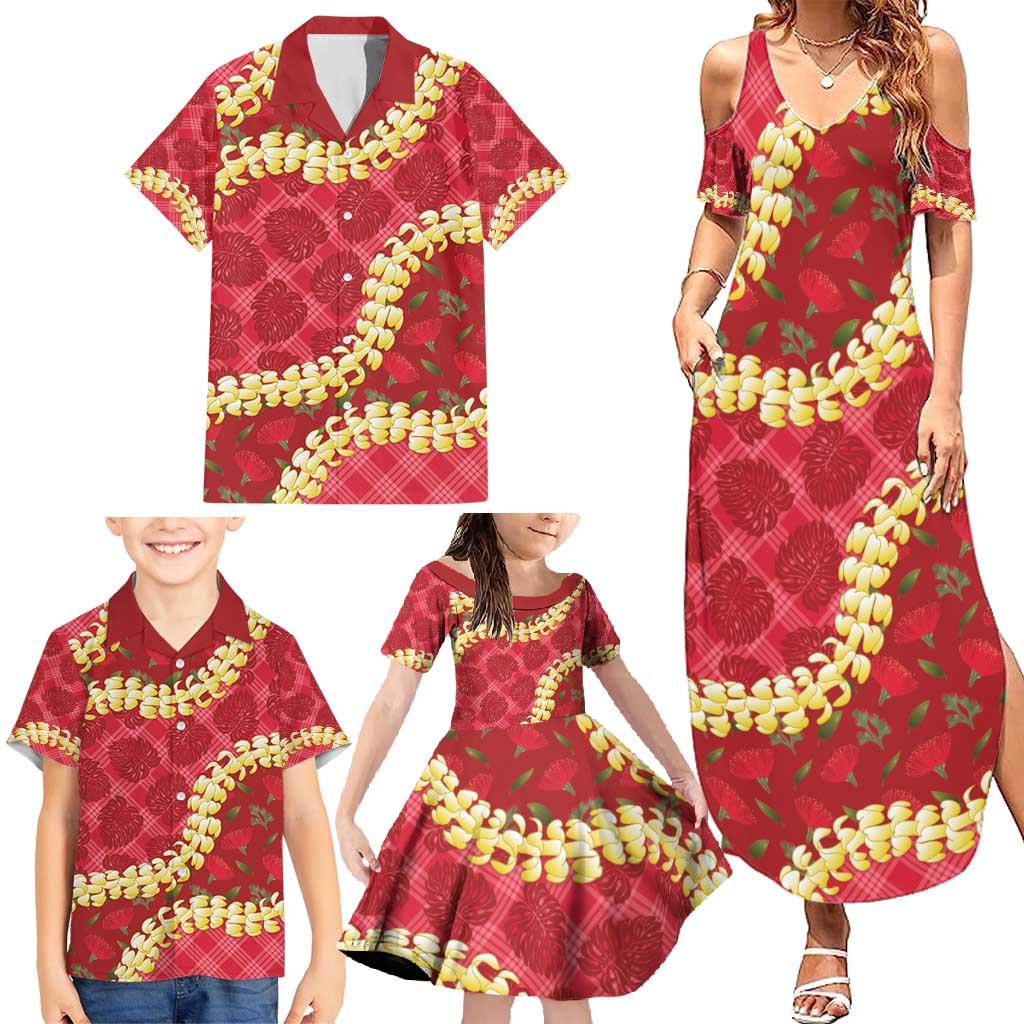 Red Palaka Hawaii Mele Kalikimaka Family Matching Summer Maxi Dress and Hawaiian Shirt Ohia Lehua Monstera Puakenikeni Lei - Polynesian Pride