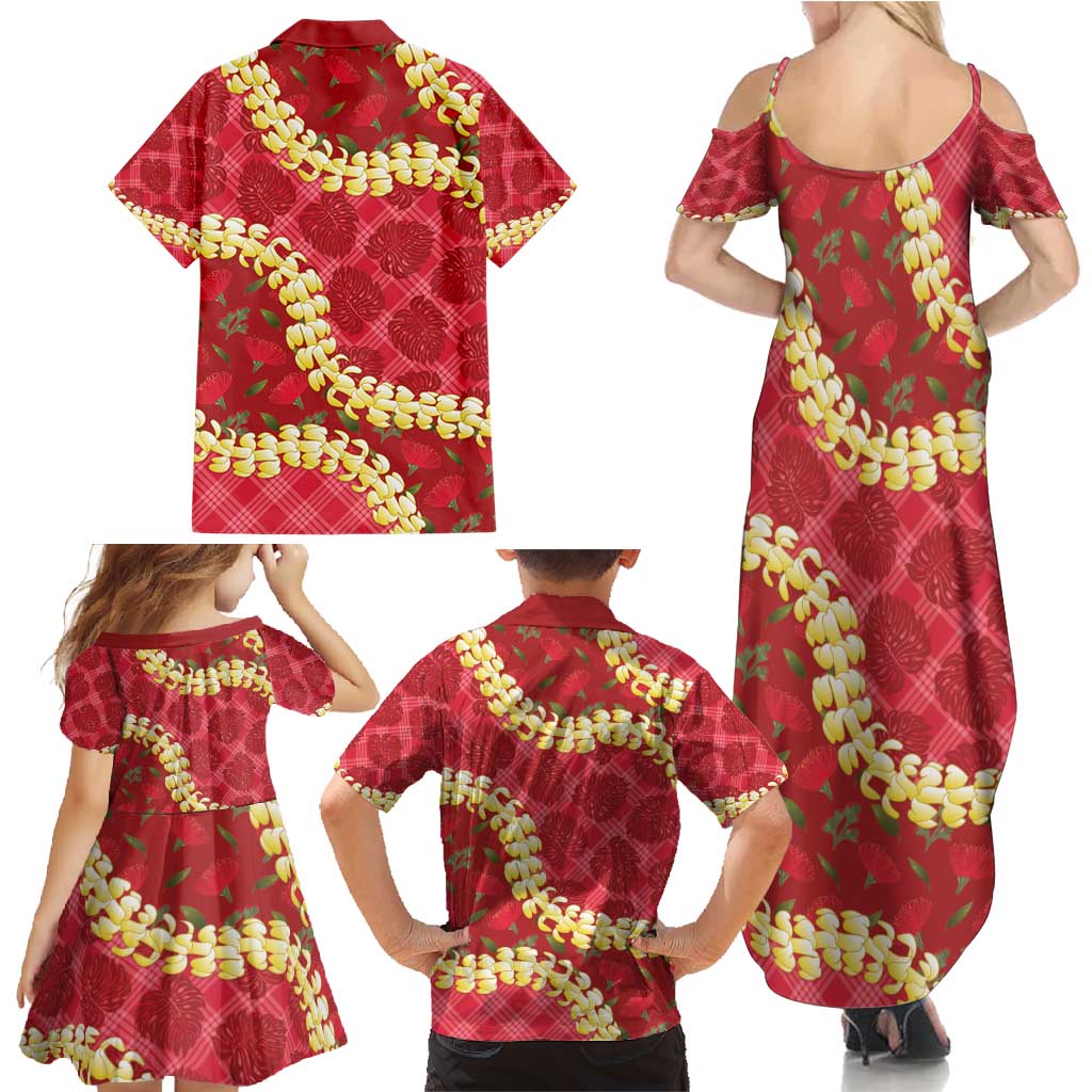 Red Palaka Hawaii Mele Kalikimaka Family Matching Summer Maxi Dress and Hawaiian Shirt Ohia Lehua Monstera Puakenikeni Lei - Polynesian Pride