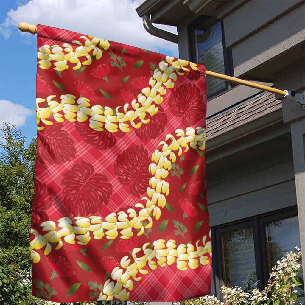 Red Palaka Hawaii Mele Kalikimaka Garden Flag Ohia Lehua Monstera Puakenikeni Lei - Polynesian Pride