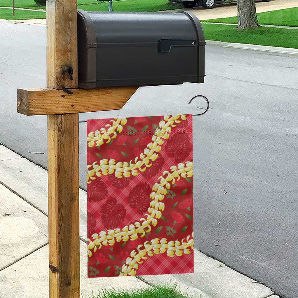 Red Palaka Hawaii Mele Kalikimaka Garden Flag Ohia Lehua Monstera Puakenikeni Lei - Polynesian Pride