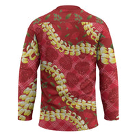 Red Palaka Hawaii Mele Kalikimaka Hockey Jersey Ohia Lehua Monstera Puakenikeni Lei - Polynesian Pride