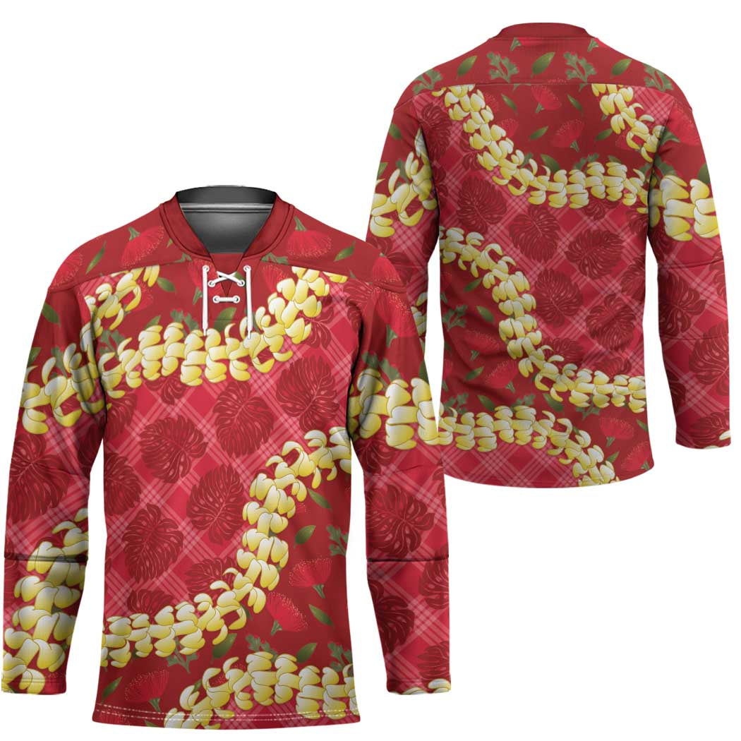 Red Palaka Hawaii Mele Kalikimaka Hockey Jersey Ohia Lehua Monstera Puakenikeni Lei - Polynesian Pride