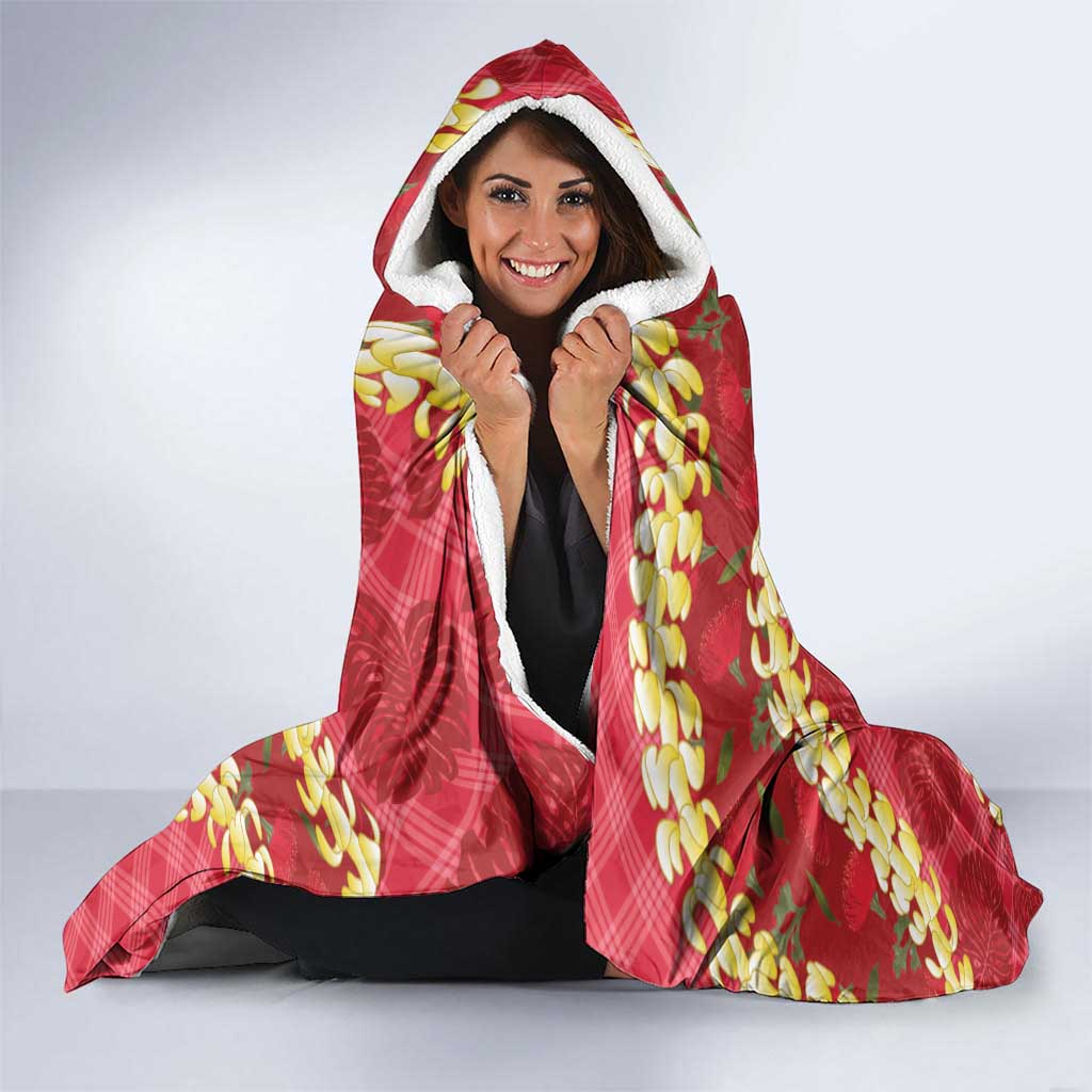 Red Palaka Hawaii Mele Kalikimaka Hooded Blanket Ohia Lehua Monstera Puakenikeni Lei LT14 - Polynesian Pride