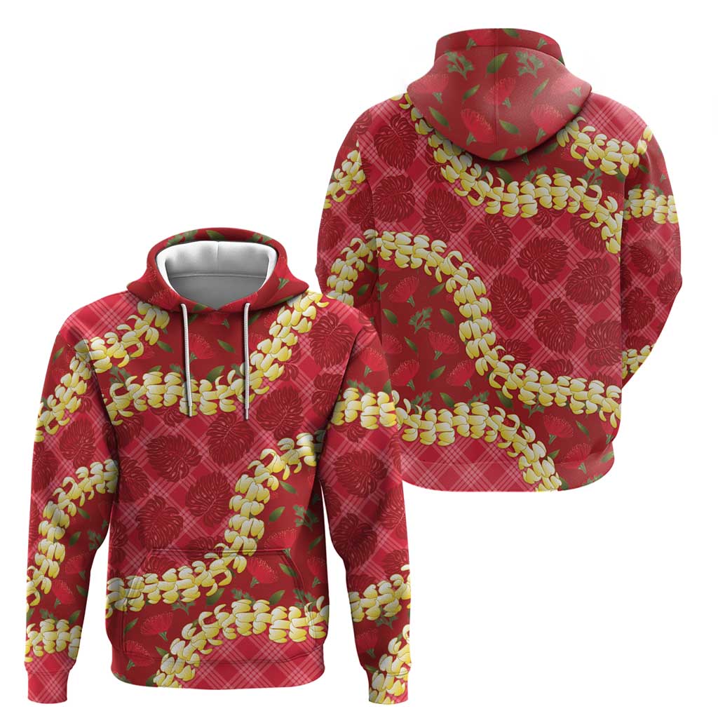 Red Palaka Hawaii Mele Kalikimaka Hoodie Ohia Lehua Monstera Puakenikeni Lei - Polynesian Pride