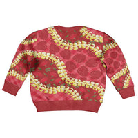 Red Palaka Hawaii Mele Kalikimaka Kid Ugly Christmas Sweater Ohia Lehua Monstera Puakenikeni Lei - Polynesian Pride
