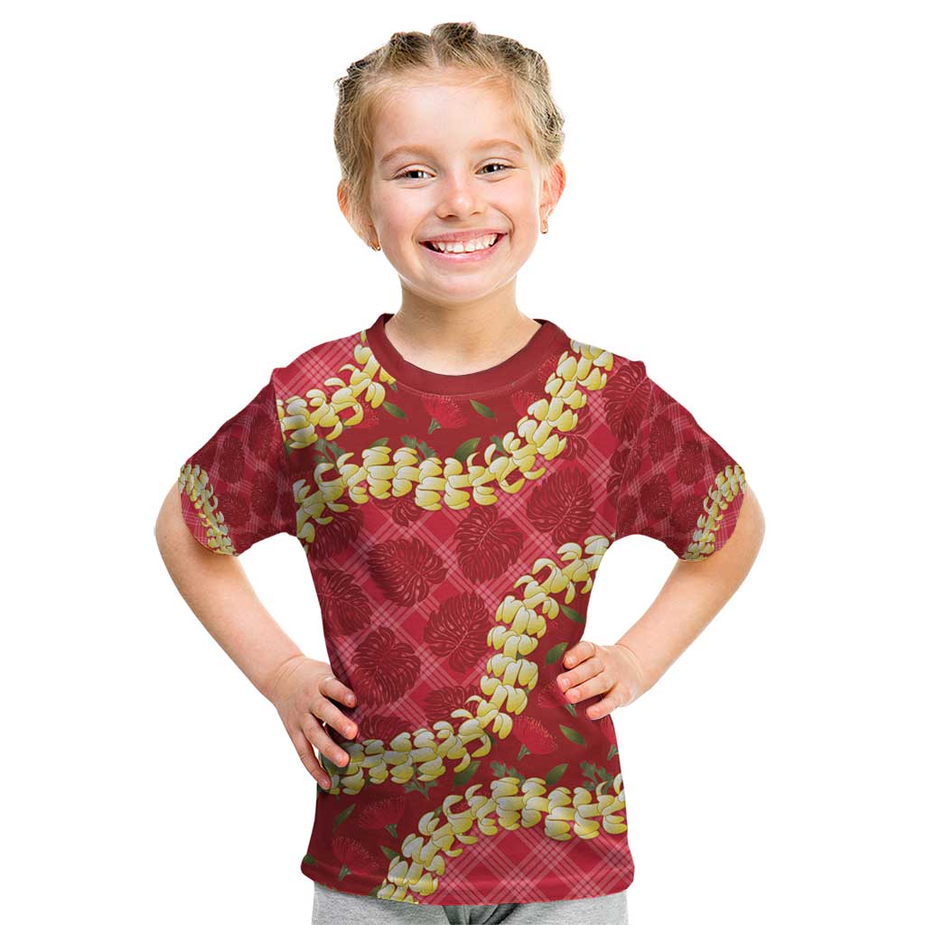 Red Palaka Hawaii Mele Kalikimaka Kid T Shirt Ohia Lehua Monstera Puakenikeni Lei - Polynesian Pride