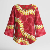Red Palaka Hawaii Mele Kalikimaka Kimono Sleeve Blouse Ohia Lehua Monstera Puakenikeni Lei LT14 - Polynesian Pride