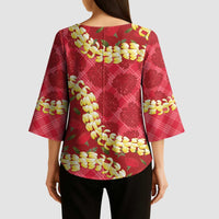 Red Palaka Hawaii Mele Kalikimaka Kimono Sleeve Blouse Ohia Lehua Monstera Puakenikeni Lei LT14 - Polynesian Pride