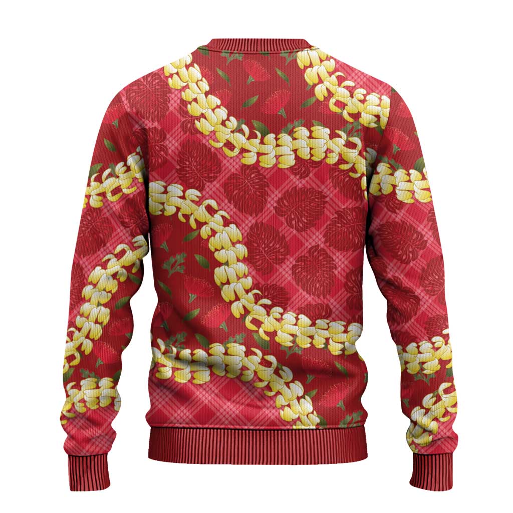 Red Palaka Hawaii Mele Kalikimaka Ugly Christmas Sweater Ohia Lehua Monstera Puakenikeni Lei - Polynesian Pride