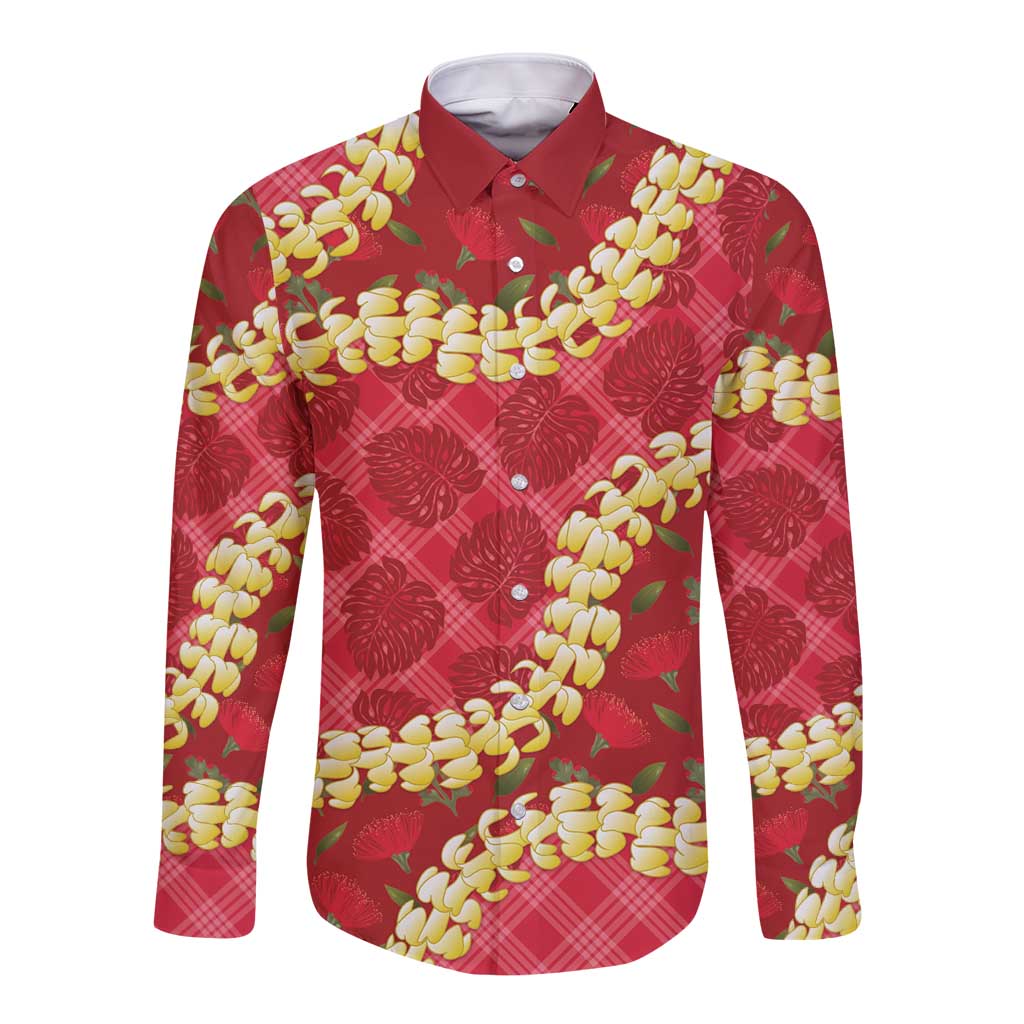 Red Palaka Hawaii Mele Kalikimaka Long Sleeve Button Shirt Ohia Lehua Monstera Puakenikeni Lei LT14 Unisex Red - Polynesian Pride